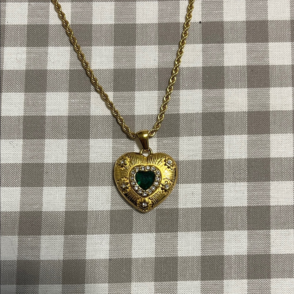 Gold Heart Pendant Necklace with Green Gemstone